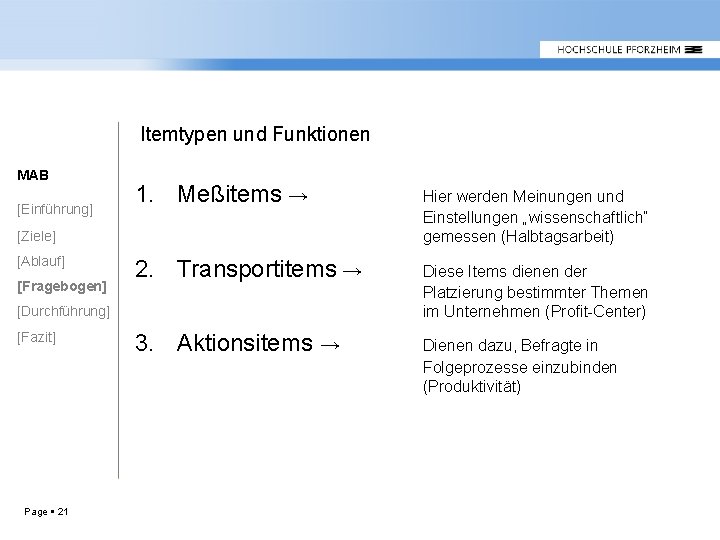 Itemtypen und Funktionen MAB [Einführung] 1. Meßitems → Hier werden Meinungen und Einstellungen „wissenschaftlich“