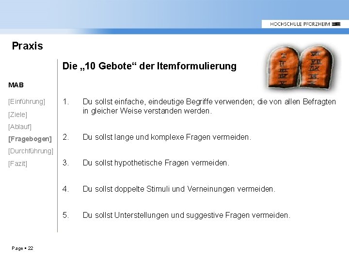 Praxis Die „ 10 Gebote“ der Itemformulierung MAB [Einführung] 1. Du sollst einfache, eindeutige