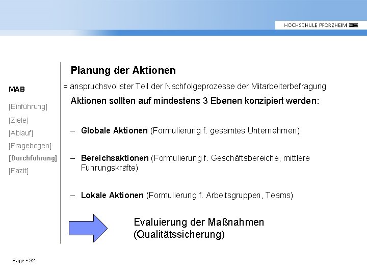 Planung der Aktionen MAB [Einführung] = anspruchsvollster Teil der Nachfolgeprozesse der Mitarbeiterbefragung Aktionen sollten