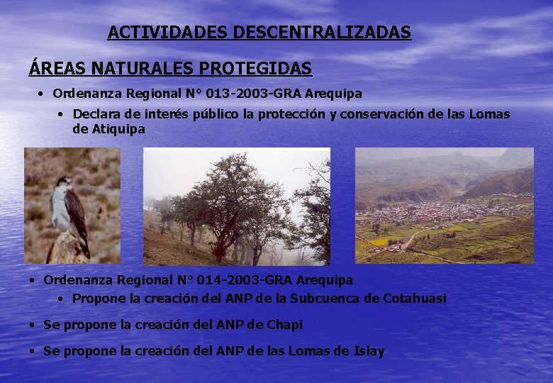 ACTIVIDADES DESCENTRALIZADAS ÁREAS NATURALES PROTEGIDAS • Ordenanza Regional N° 013 -2003 -GRA Arequipa •