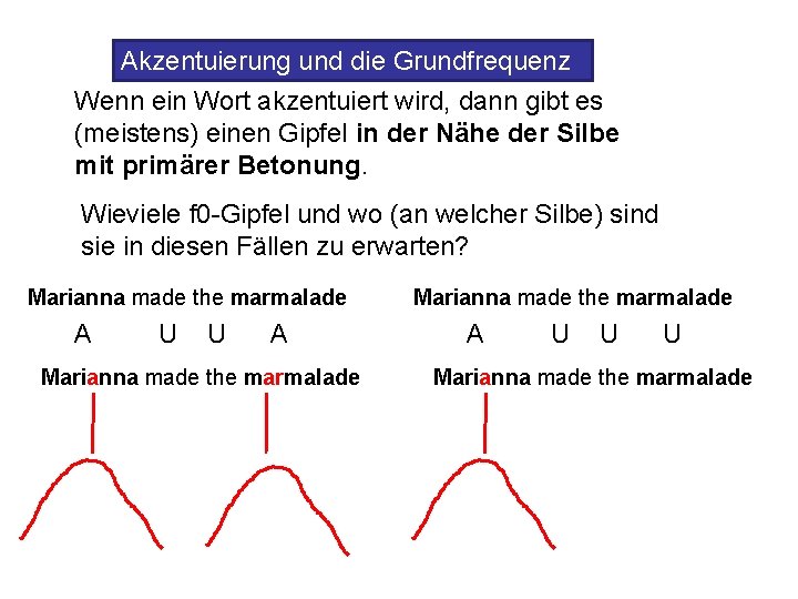 Akzentuierung und die Grundfrequenz Wenn ein Wort akzentuiert wird, dann gibt es (meistens) einen