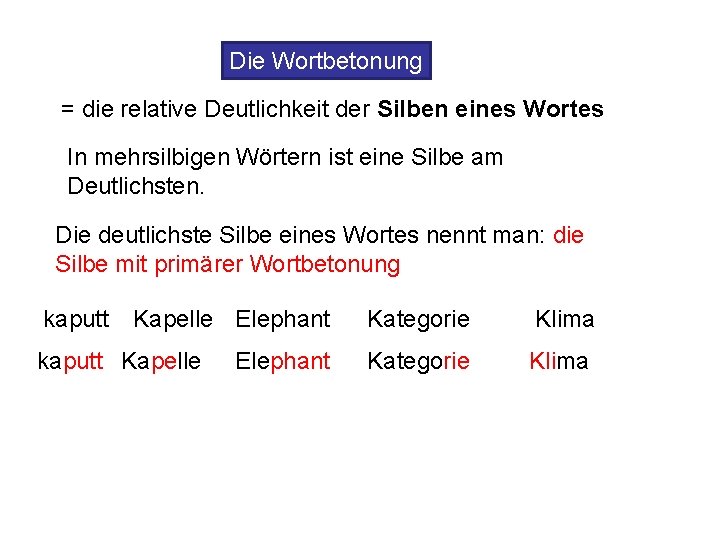 Die Wortbetonung = die relative Deutlichkeit der Silben eines Wortes In mehrsilbigen Wörtern ist