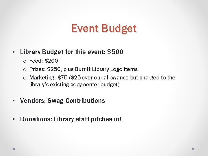 Event Budget • Library Budget for this event: $500 o Food: $200 o Prizes: