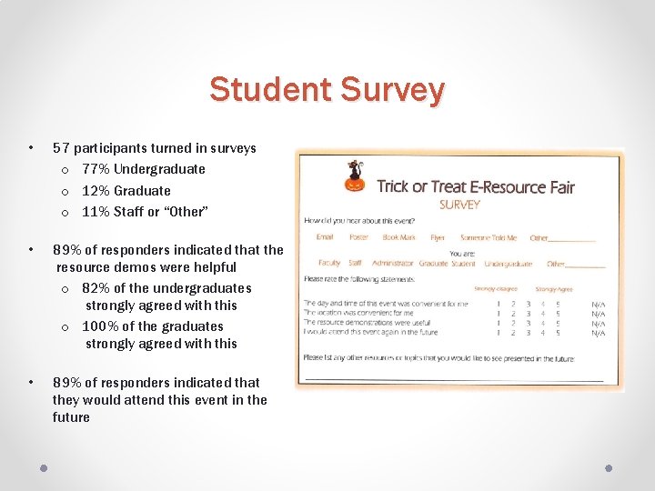 Student Survey • 57 participants turned in surveys o 77% Undergraduate o 12% Graduate