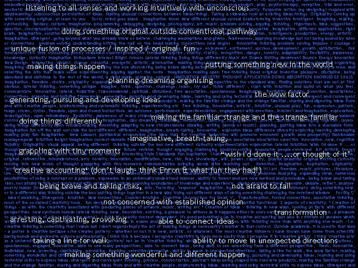 intuitive, working with process, making connections, thinking on feet, expression, reflecting in action, thinking
