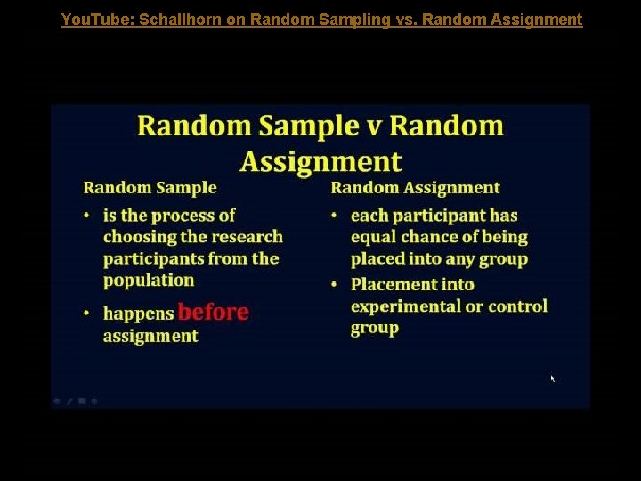 You. Tube: Schallhorn on Random Sampling vs. Random Assignment 