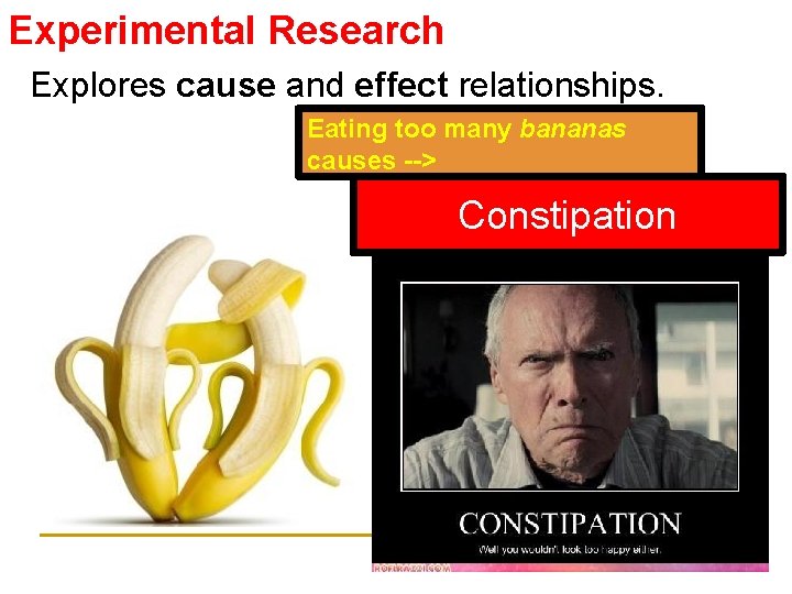 Experimental Research Explores cause and effect relationships. Eating too many bananas causes --> Constipation