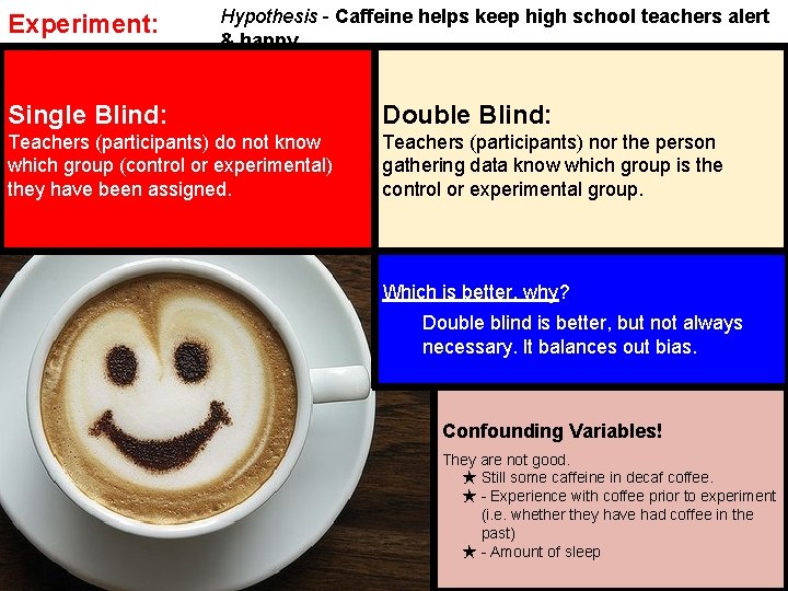 Experiment: Hypothesis - Caffeine helps keep high school teachers alert & happy. Single Blind: