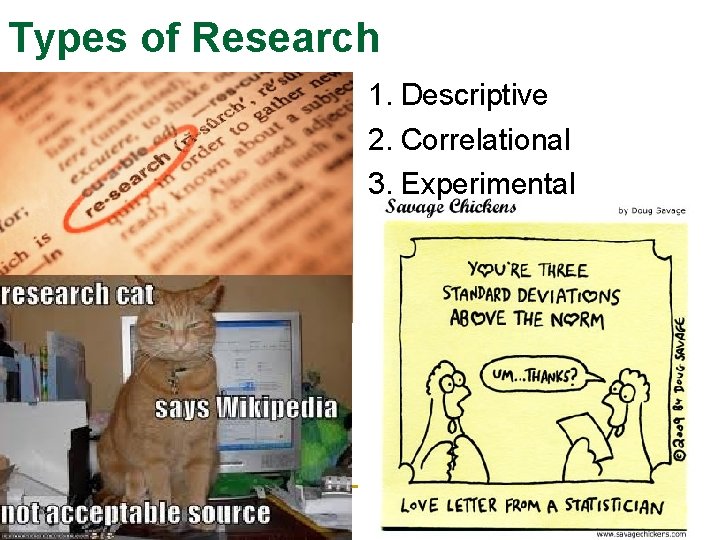 Types of Research 1. Descriptive 2. Correlational 3. Experimental 