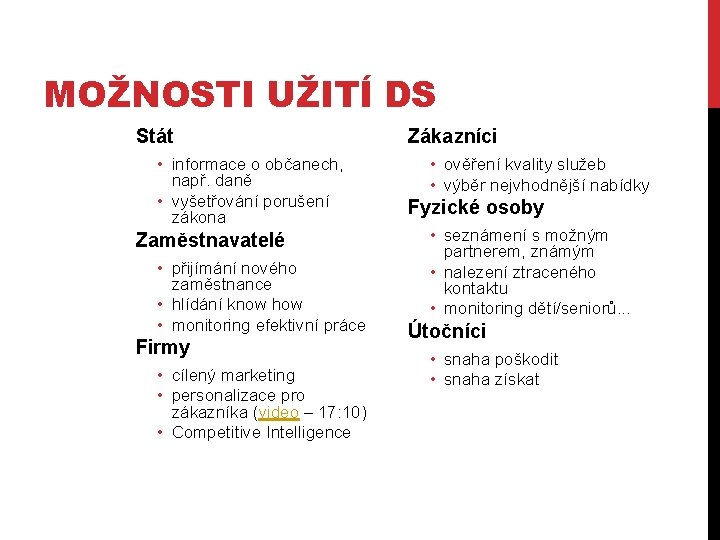 MOŽNOSTI UŽITÍ DS Stát • informace o občanech, např. daně • vyšetřování porušení zákona