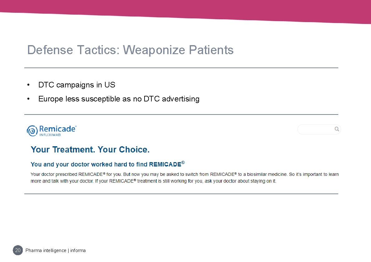 Defense Tactics: Weaponize Patients • DTC campaigns in US • Europe less susceptible as