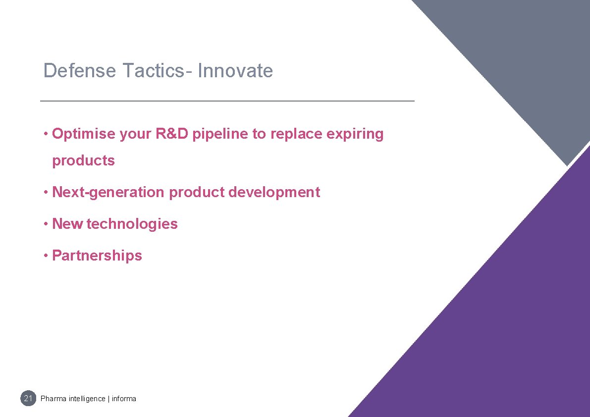 Defense Tactics- Innovate • Optimise your R&D pipeline to replace expiring products • Next-generation