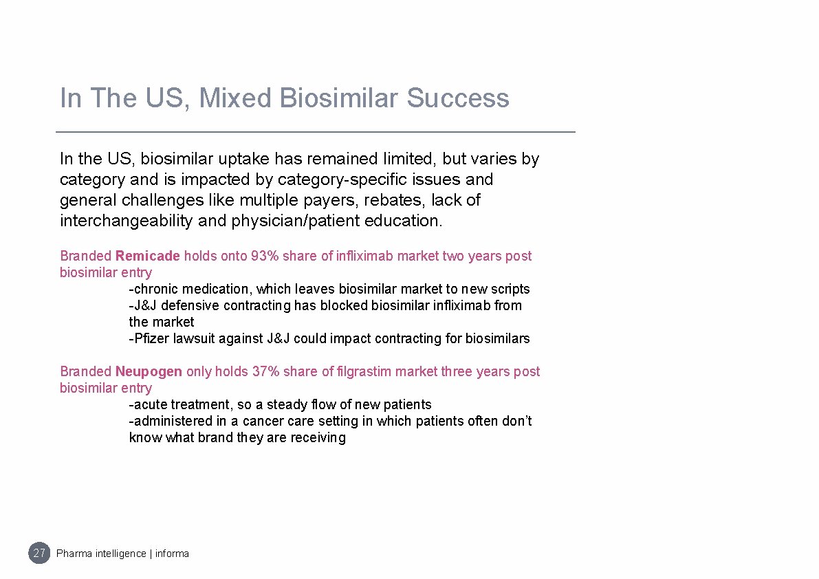 In The US, Mixed Biosimilar Success In the US, biosimilar uptake has remained limited,