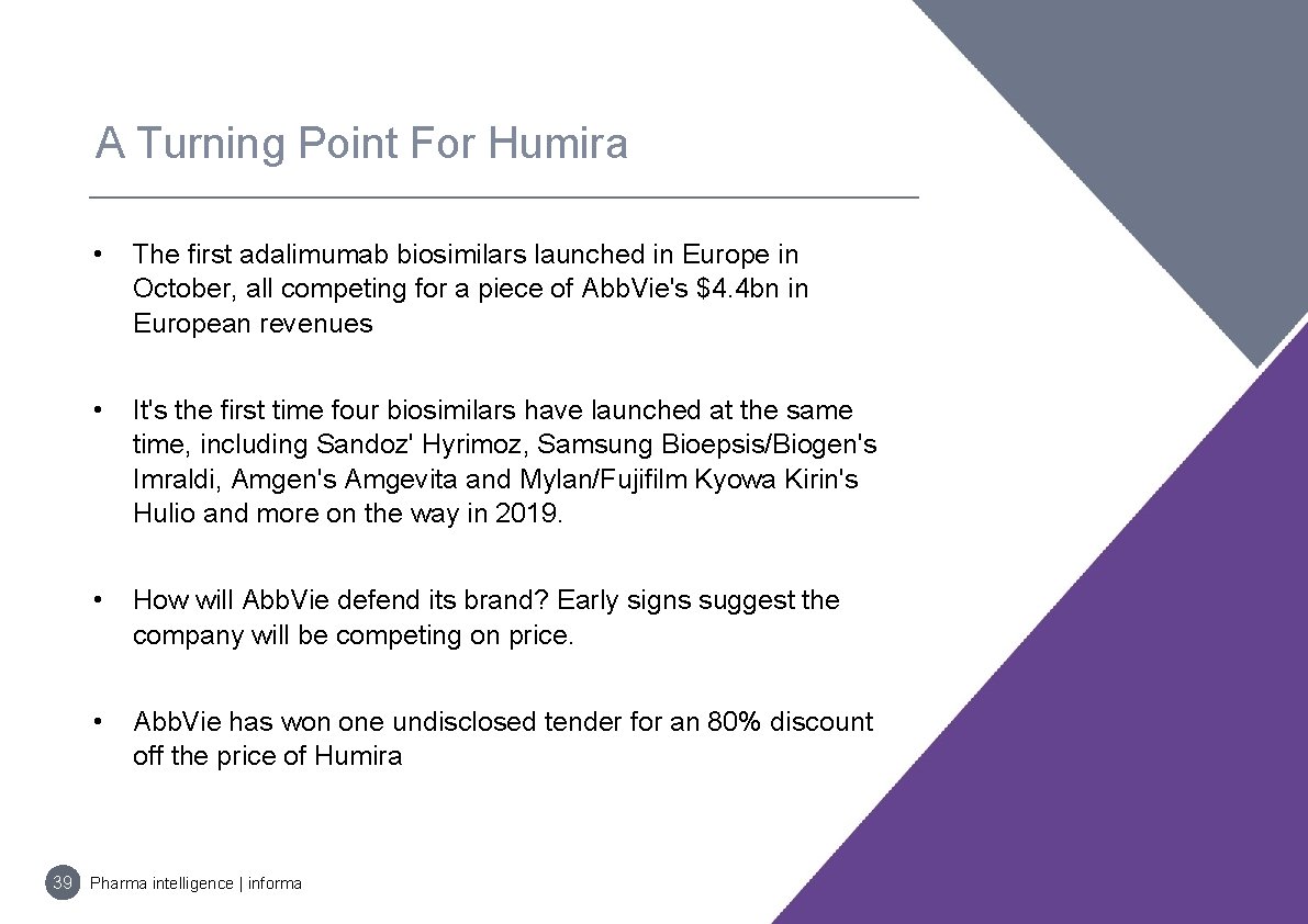 A Turning Point For Humira • The first adalimumab biosimilars launched in Europe in