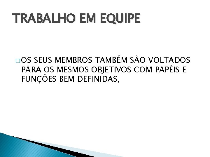 TRABALHO EM EQUIPE � OS SEUS MEMBROS TAMBÉM SÃO VOLTADOS PARA OS MESMOS OBJETIVOS