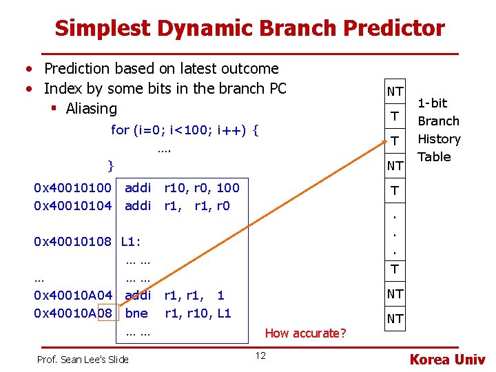 Simplest Dynamic Branch Predictor • Prediction based on latest outcome • Index by some