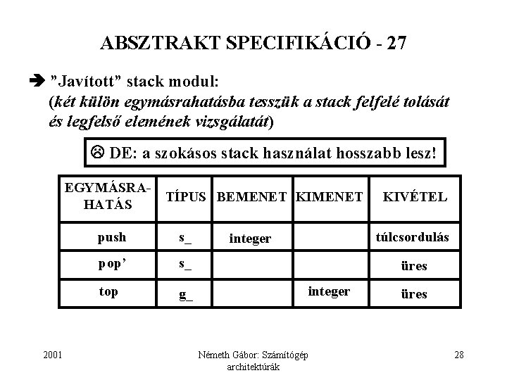 ABSZTRAKT SPECIFIKÁCIÓ - 27 ”Javított” stack modul: (két külön egymásrahatásba tesszük a stack felfelé