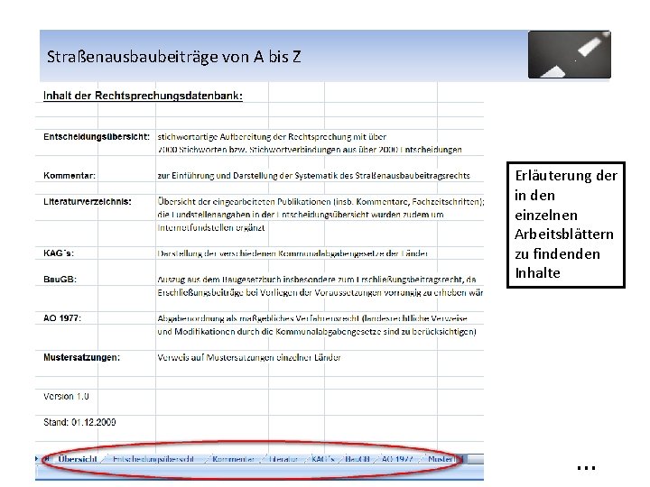 Straßenausbaubeiträge von A bis Z Erläuterung der in den einzelnen Arbeitsblättern zu findenden Inhalte