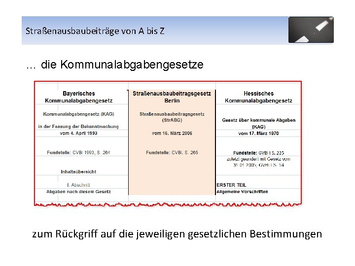 Straßenausbaubeiträge von A bis Z … die Kommunalabgabengesetze zum Rückgriff auf die jeweiligen gesetzlichen