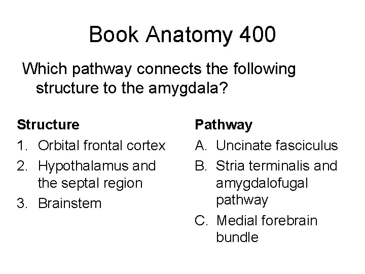 Book Anatomy 400 Which pathway connects the following structure to the amygdala? Structure 1.