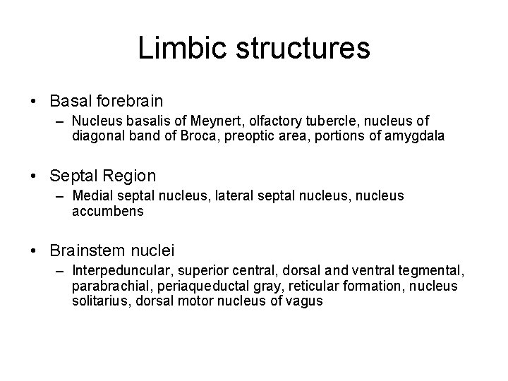 Limbic structures • Basal forebrain – Nucleus basalis of Meynert, olfactory tubercle, nucleus of