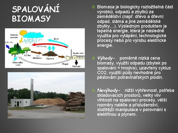 SPALOVÁNÍ BIOMASY Biomasa je biologicky rozložitelná část výrobků, odpadů a zbytků ze zemědělství (např.