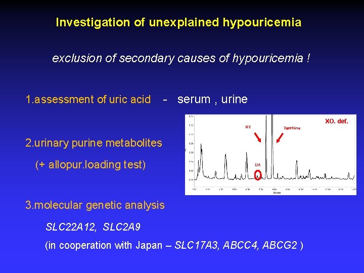 Investigation of unexplained hypouricemia exclusion of secondary causes of hypouricemia ! 1. assessment of