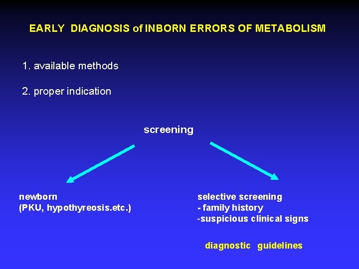 EARLY DIAGNOSIS of INBORN ERRORS OF METABOLISM 1. available methods 2. proper indication screening
