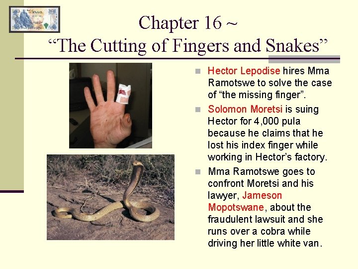 Chapter 16 ~ “The Cutting of Fingers and Snakes” n Hector Lepodise hires Mma