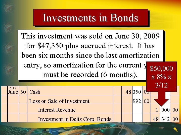 Investments in Bonds This investment was sold on June 30, 2009 for $47, 350