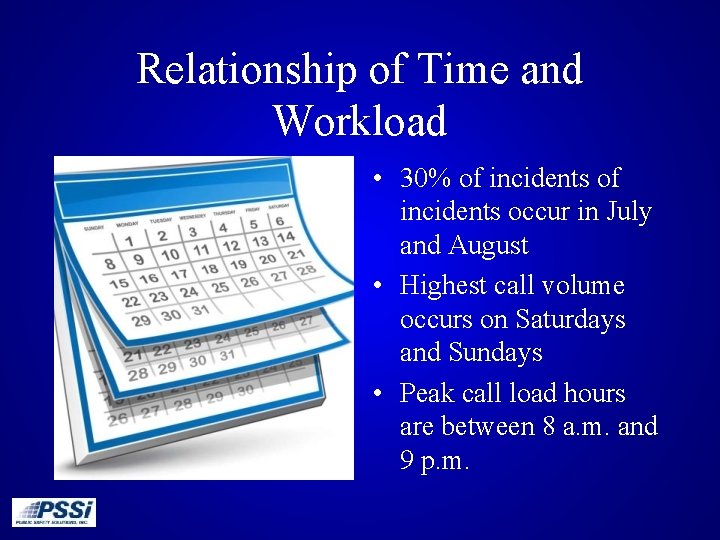 Relationship of Time and Workload • 30% of incidents occur in July and August