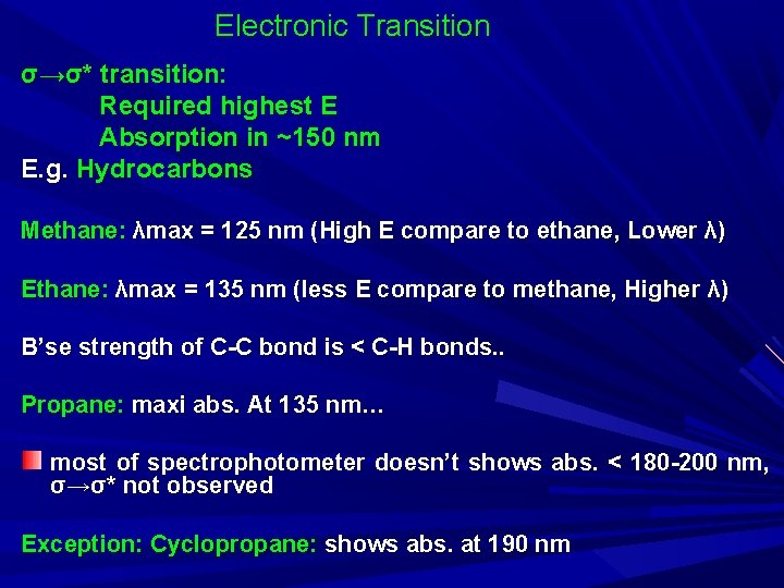 Electronic Transition σ→σ* transition: Required highest E Absorption in ~150 nm E. g. Hydrocarbons