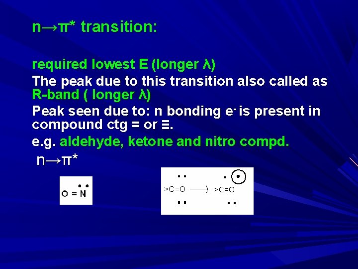 n→π* transition: required lowest E (longer λ) The peak due to this transition also