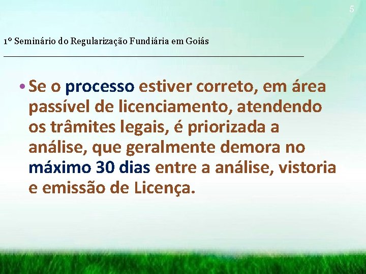 5 1º Seminário do Regularização Fundiária em Goiás __________________________ • Se o processo estiver