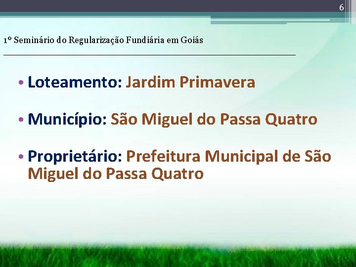6 1º Seminário do Regularização Fundiária em Goiás __________________________ • Loteamento: Jardim Primavera •