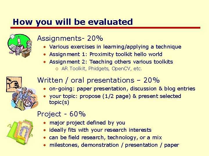 How you will be evaluated Assignments- 20% • Various exercises in learning/applying a technique