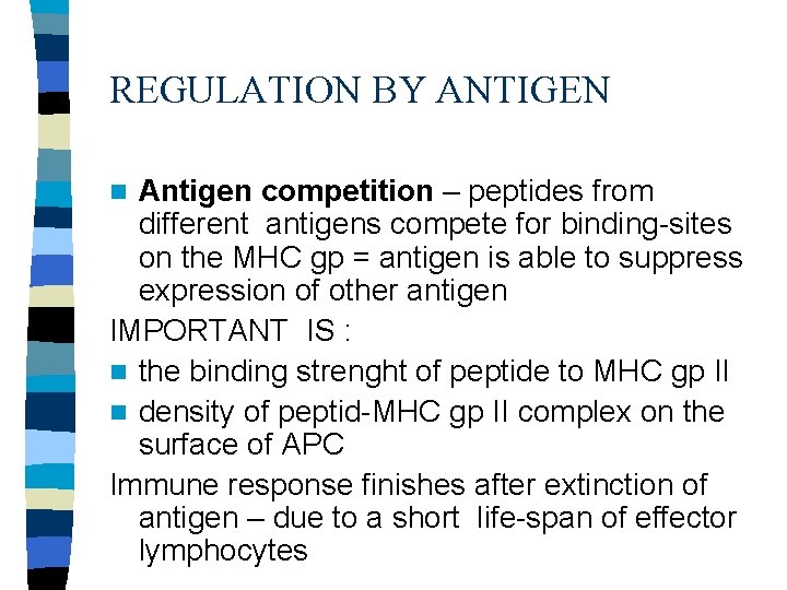 REGULATION BY ANTIGEN Antigen competition – peptides from different antigens compete for binding-sites on