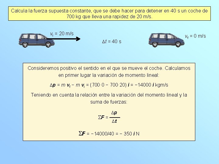 Calcula la fuerza supuesta constante, que se debe hacer para detener en 40 s