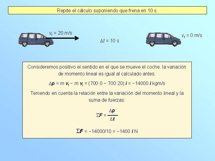 Repite el cálculo suponiendo que frena en 10 s. vi = 20 m/s Dt