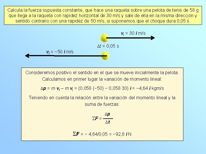 Calcula la fuerza supuesta constante, que hace una raqueta sobre una pelota de tenis
