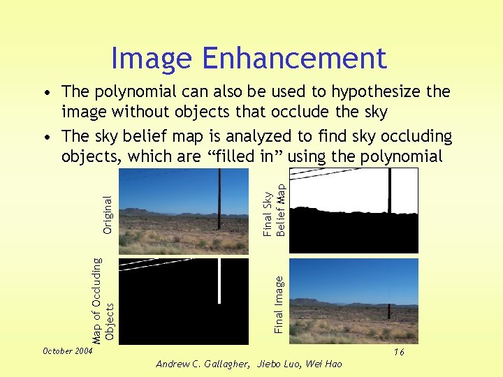 Image Enhancement Original Final Sky Belief Map of Occluding Objects Final Image • The