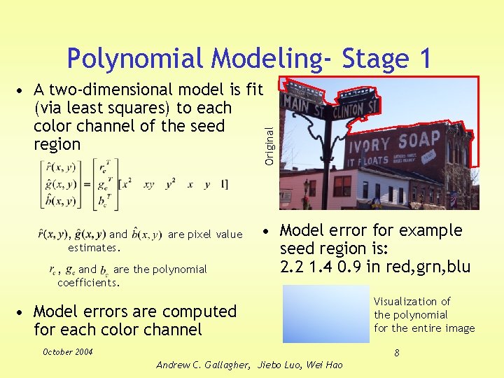 Polynomial Modeling- Stage 1 Original • A two-dimensional model is fit (via least squares)