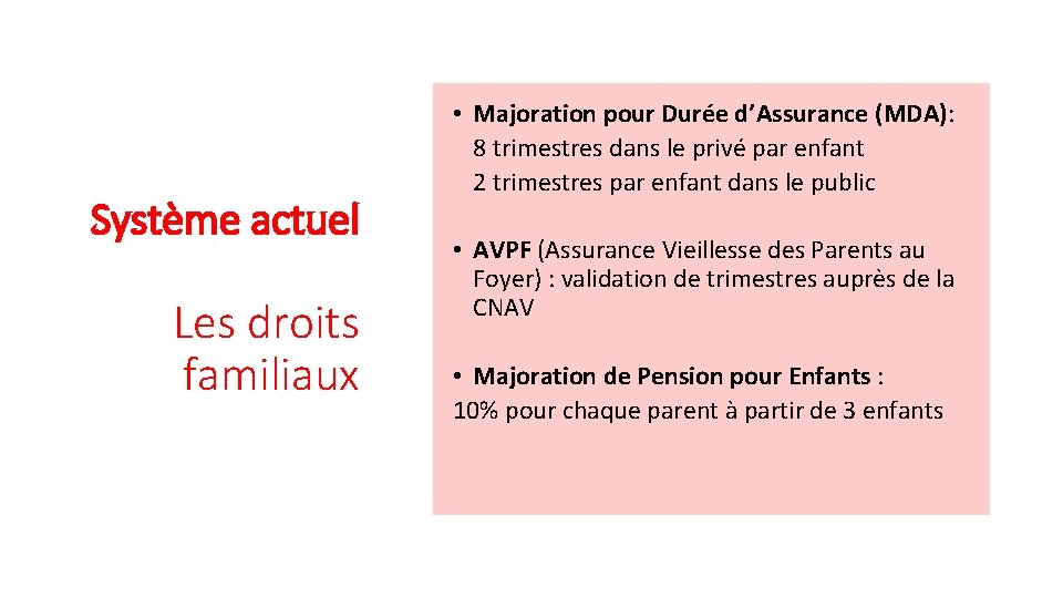 Système actuel Les droits familiaux • Majoration pour Durée d’Assurance (MDA): 8 trimestres dans