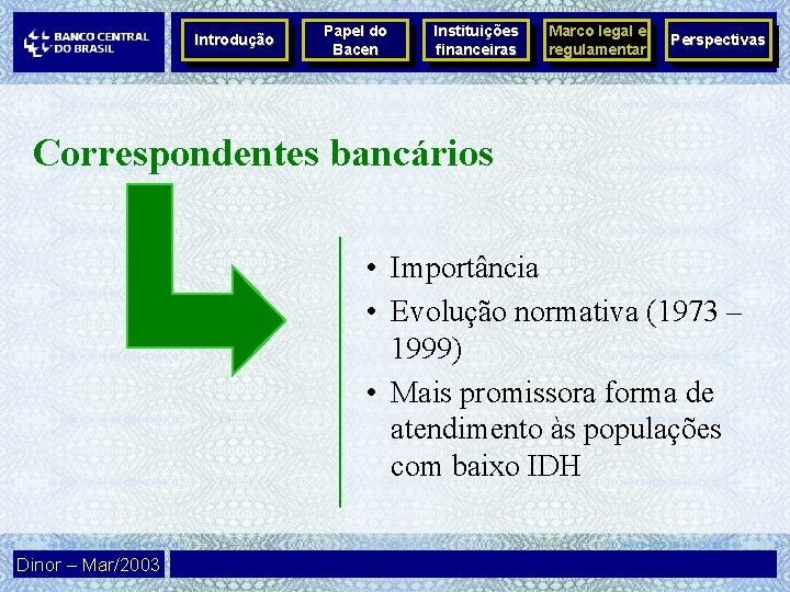 Introdução Papel do Bacen Instituições financeiras Marco legal e regulamentar Perspectivas Correspondentes bancários •