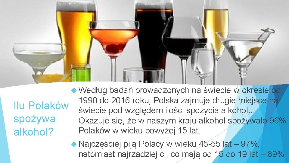  Według badań prowadzonych na świecie w okresie od Ilu Polaków spożywa alkohol? 1990