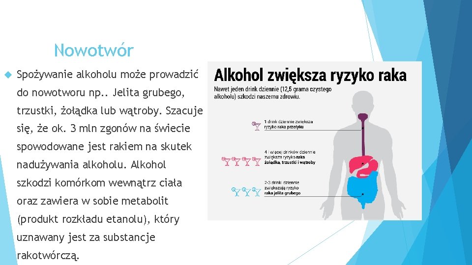 Nowotwór Spożywanie alkoholu może prowadzić do nowotworu np. . Jelita grubego, trzustki, żołądka lub