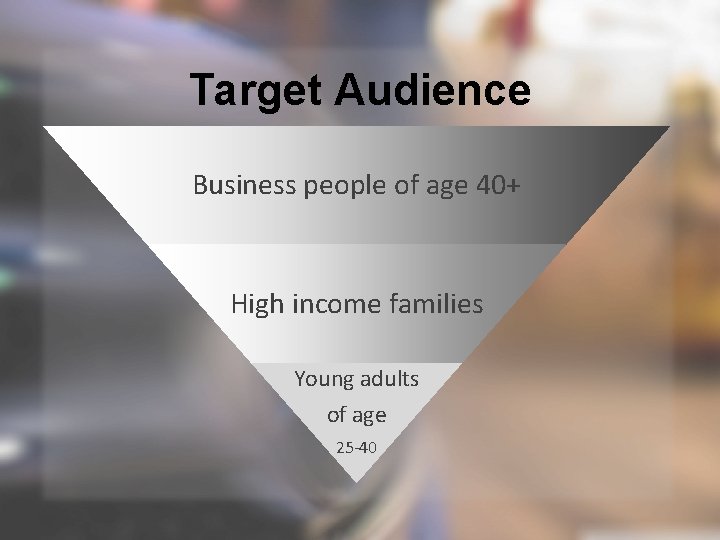 Target Audience Business people of age 40+ High income families Young adults of age