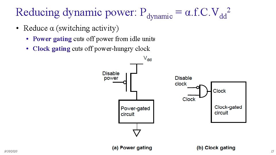 Reducing dynamic power: Pdynamic = α. f. C. Vdd 2 • Reduce α (switching