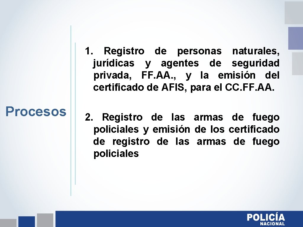 1. Procesos Registro de personas naturales, jurídicas y agentes de seguridad privada, FF. AA. 1. Procesos Registro de personas naturales, jurídicas y agentes de seguridad privada, FF. AA.