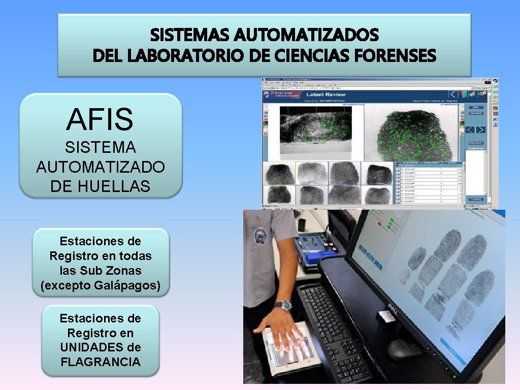 SISTEMAS AUTOMATIZADOS DEL LABORATORIO DE CIENCIAS FORENSES AFIS SISTEMA AUTOMATIZADO DE HUELLAS Estaciones de SISTEMAS AUTOMATIZADOS DEL LABORATORIO DE CIENCIAS FORENSES AFIS SISTEMA AUTOMATIZADO DE HUELLAS Estaciones de